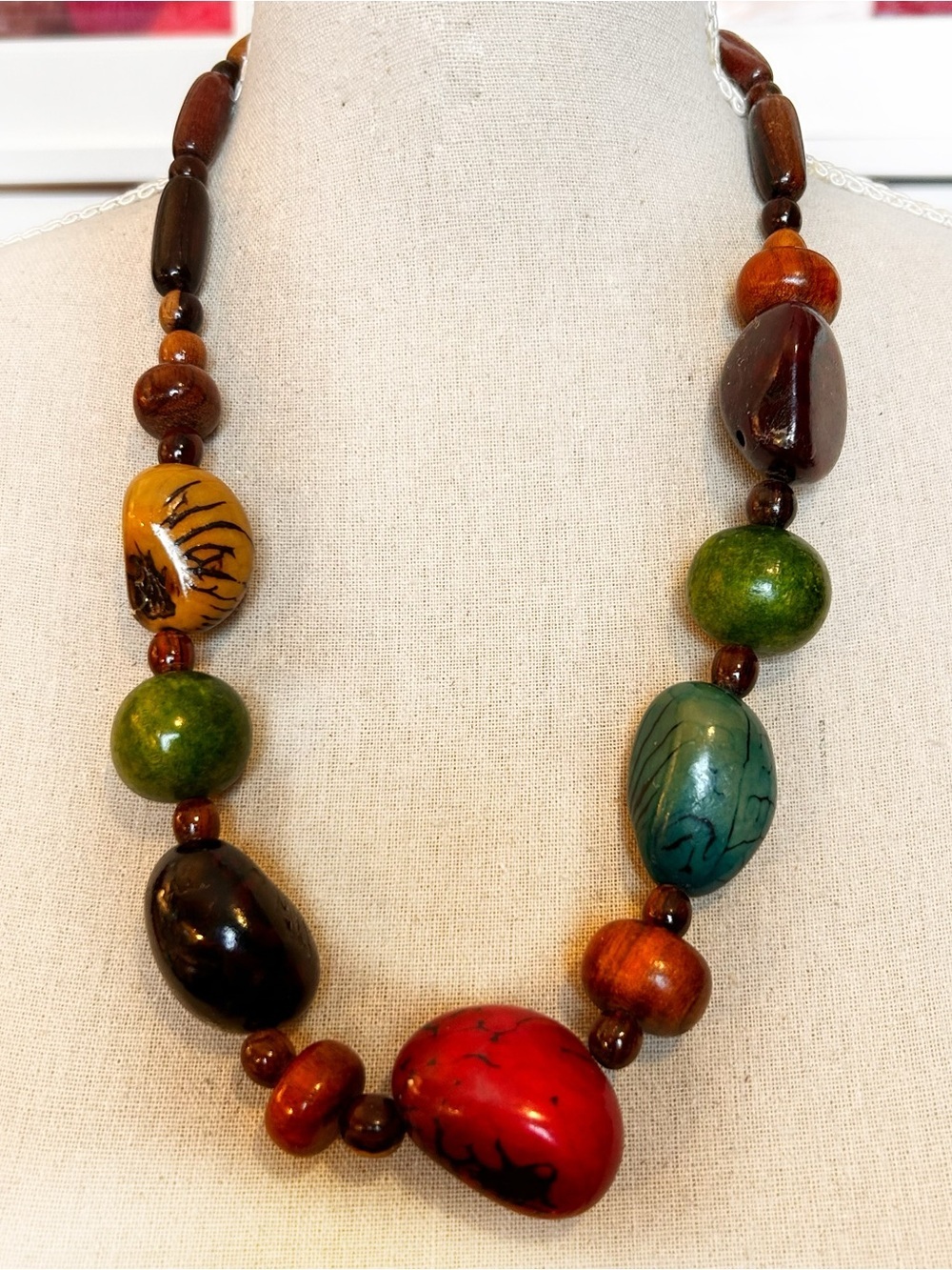 Vintage Boho Chunky Tagua-Seed Nut Statement Necklace, Organic Earth Tone
